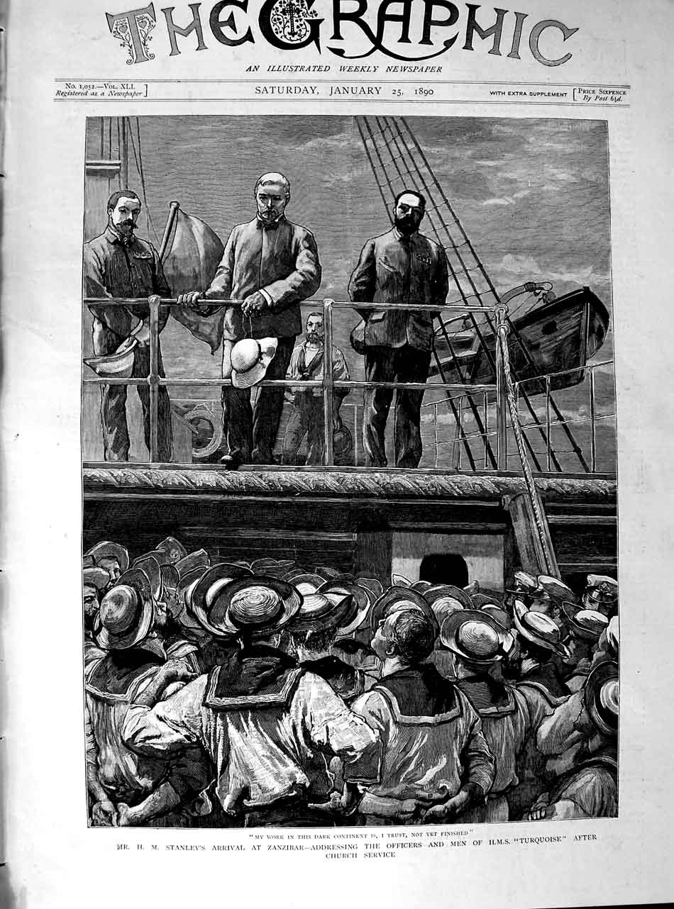 Original Old Antique Print 1890 Stanley Zanzibar Officers Ship Turquoise 19th