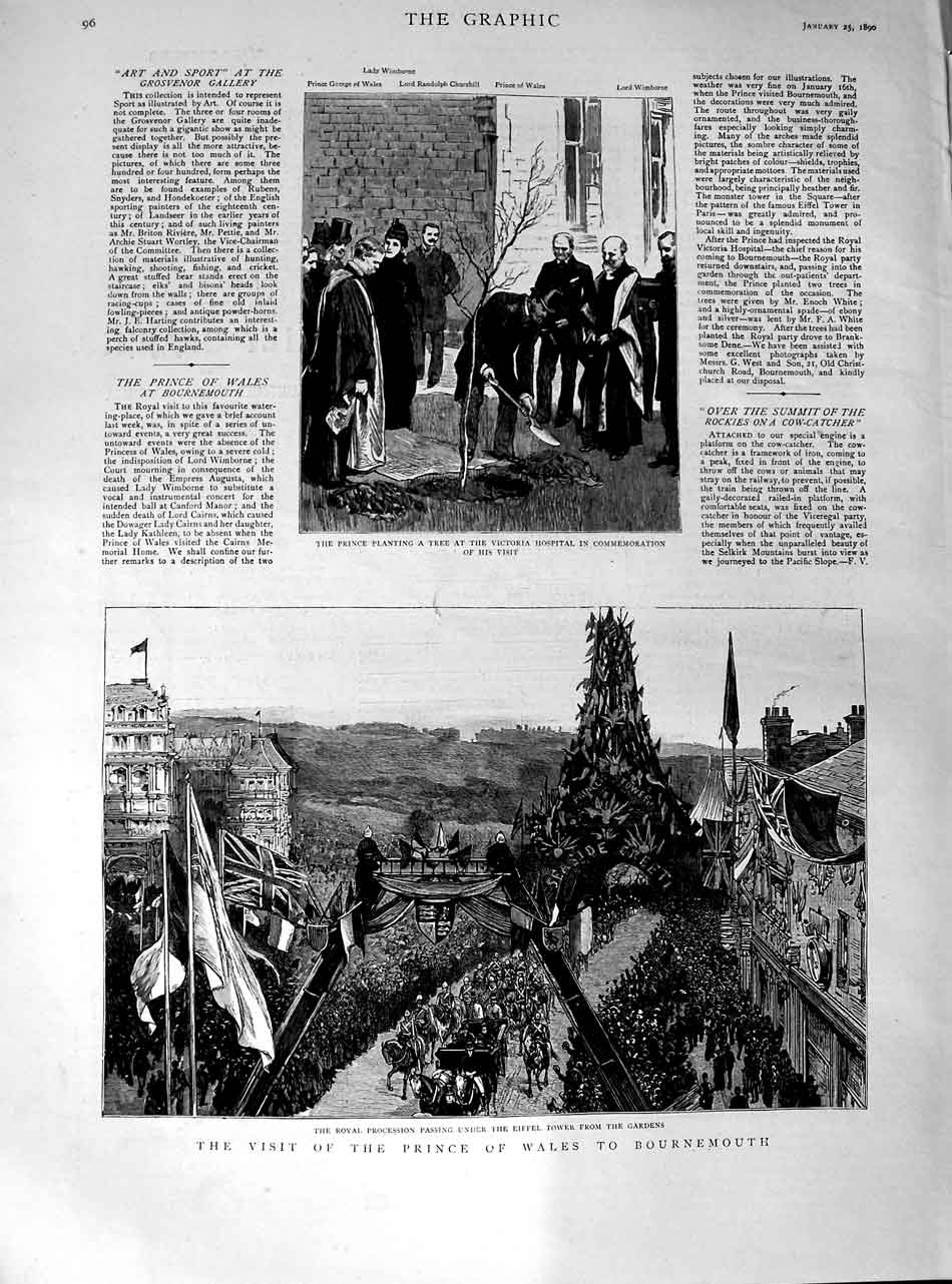 Original Old Antique Print 1890 Prince Wales Bournemouth Eiffel Tower H 19th