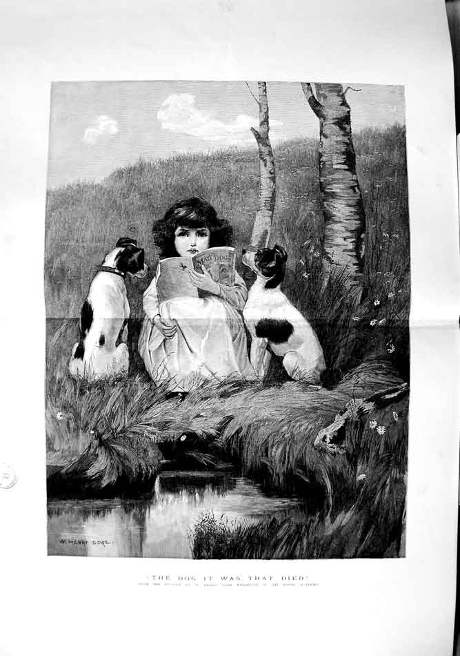 Old Antique Print 1890 Henry Gore Fine Art Little Girl Book Dogs River 19th