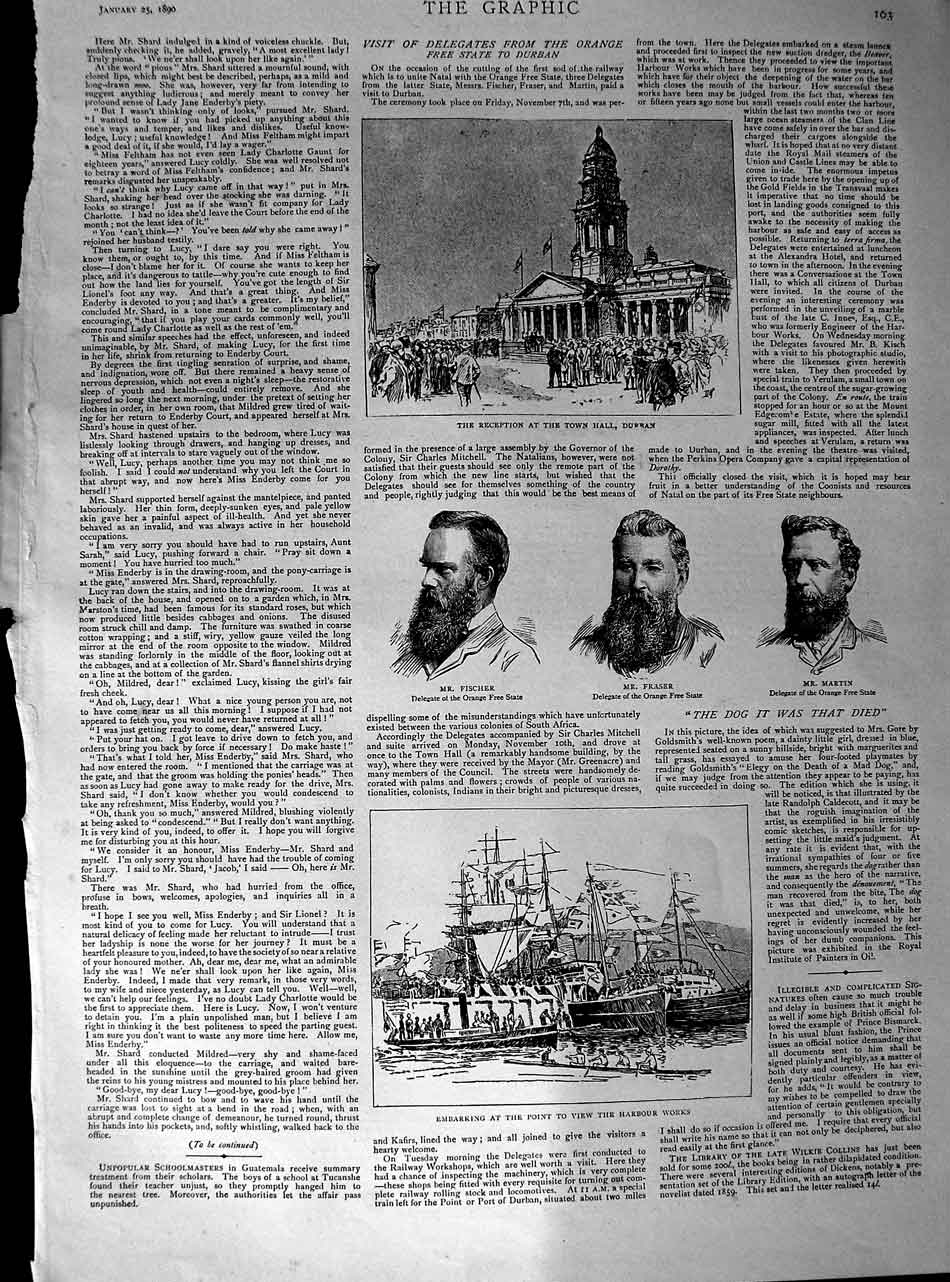 Old Antique Print 1890 Town Hall Durban Fischer Fraser Martin Ships Flags 19th