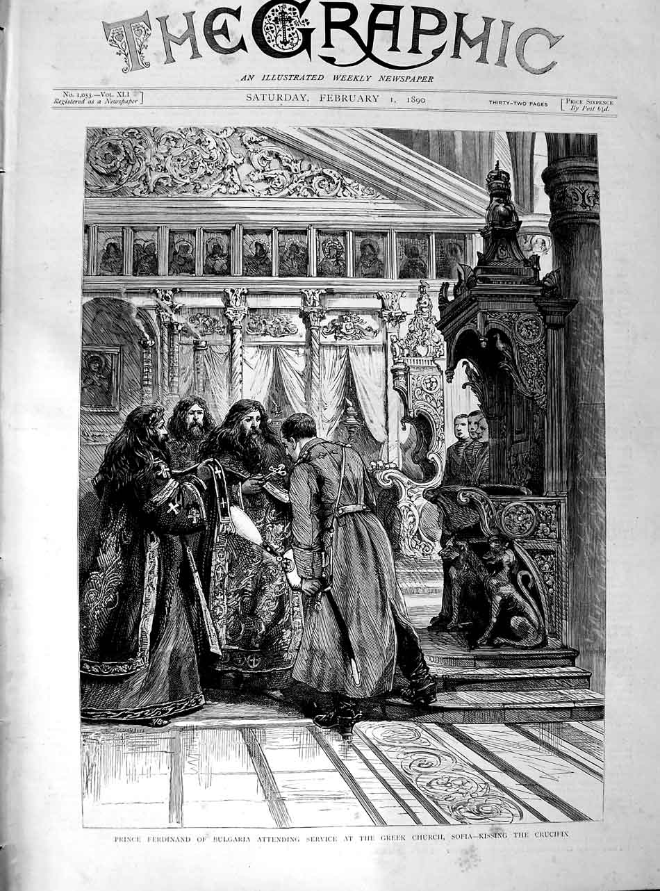 Original Old Antique Print 1890 Prince Ferdinand Bulgaria Greek Church Sofia