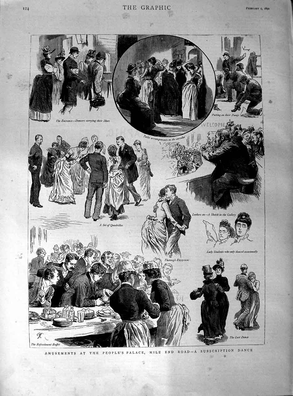 Original Old Antique Print 1890 Amusements People'S Palace Dancing Romance 19th