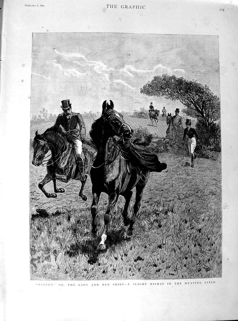 Original Old Antique Print 1890 Accident Hunting Field Sport Horses Fine Art
