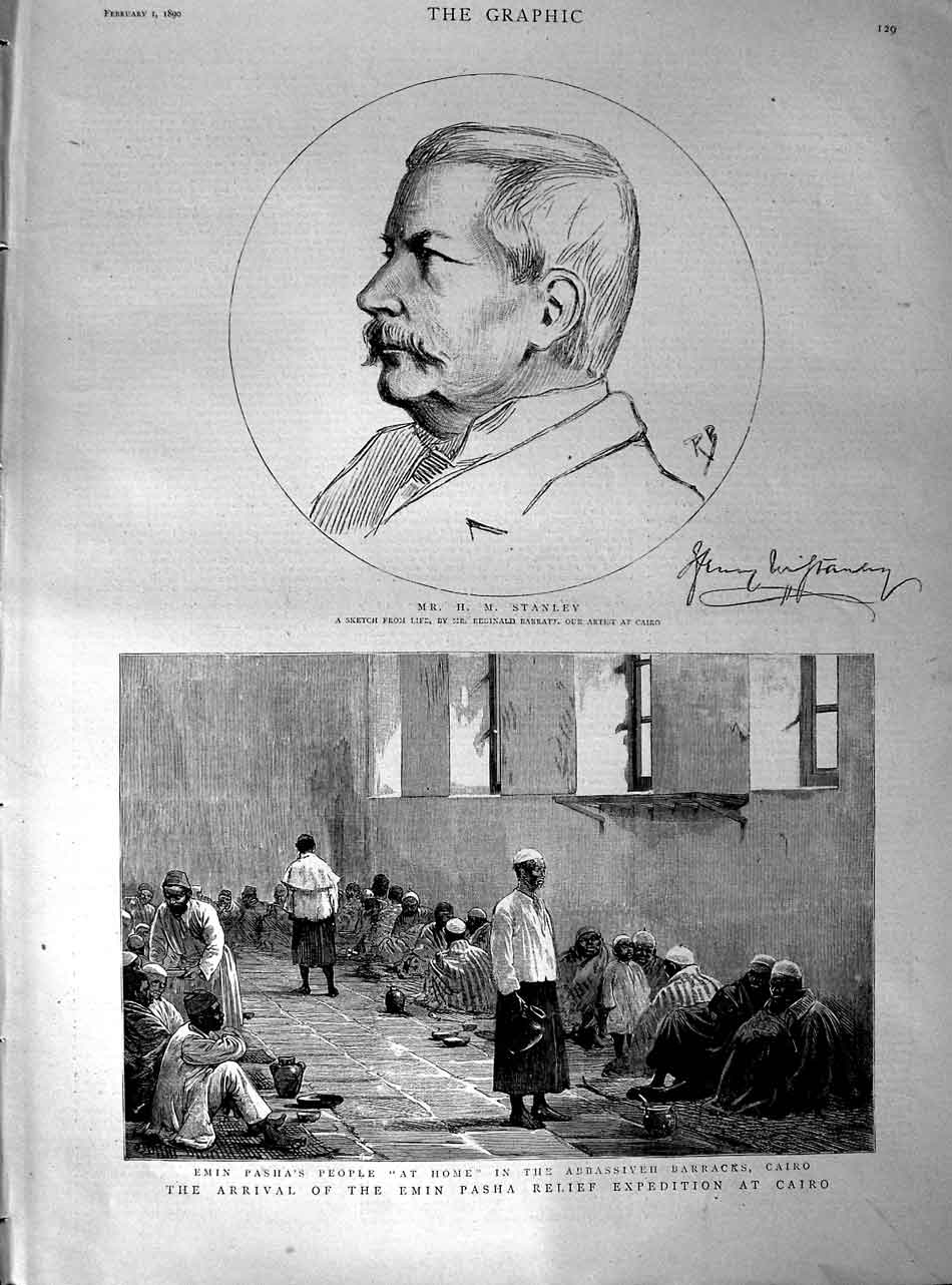 Old Antique Print 1890 Mr. Stanley Emin Pasha Abbassiyeh Barracks Egypt 19th