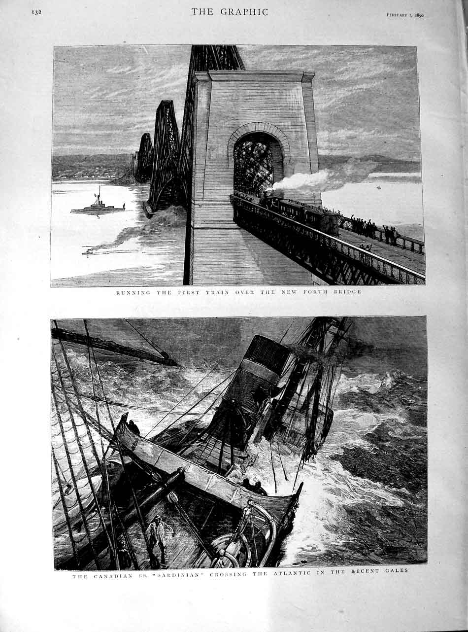 Original Old Antique Print 1890 Train Railway Forth Bridge Ship Sardinian A 19th