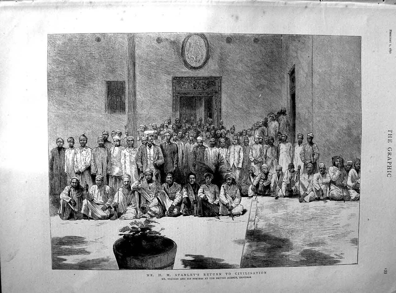Original Old Antique Print 1890 Mr Stanley Porters British Agency Zanzibar 19th