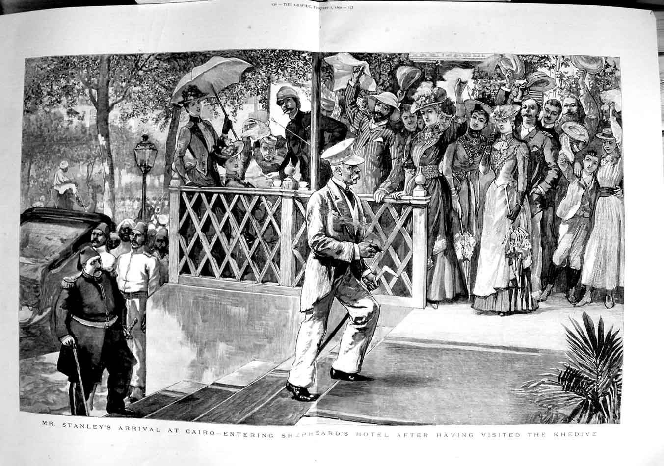Original Old Antique Print 1890 Mr Stanley Cairo Egypt Shepheard'S Hotel 19th