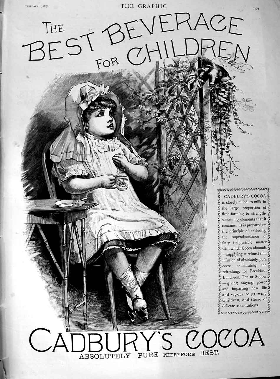Original Old Antique Print 1890 Advertisement Cadbury'S Cocoa Drinking Ch 19th