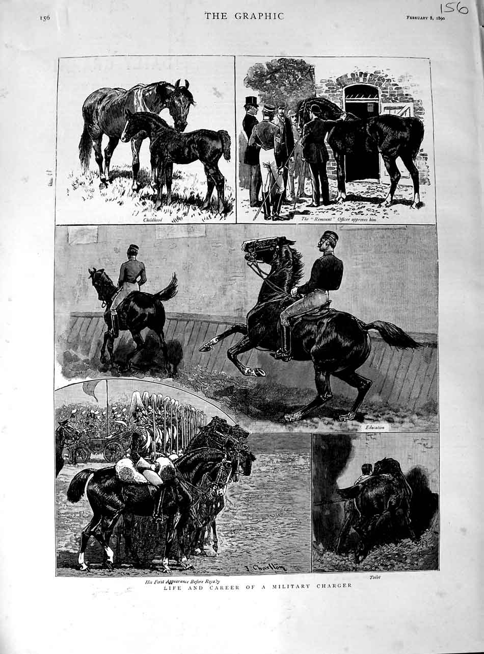 Original Old Antique Print 1890 Military Charger Horse Siers Ship Battle Death