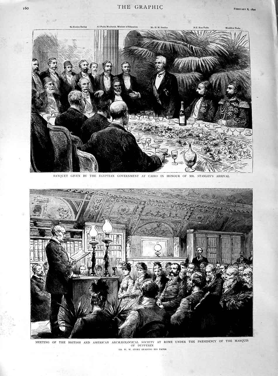Old Antique Print 1890 Banquet Cairo Stanley Marquis Dufferin Archaeology 19th