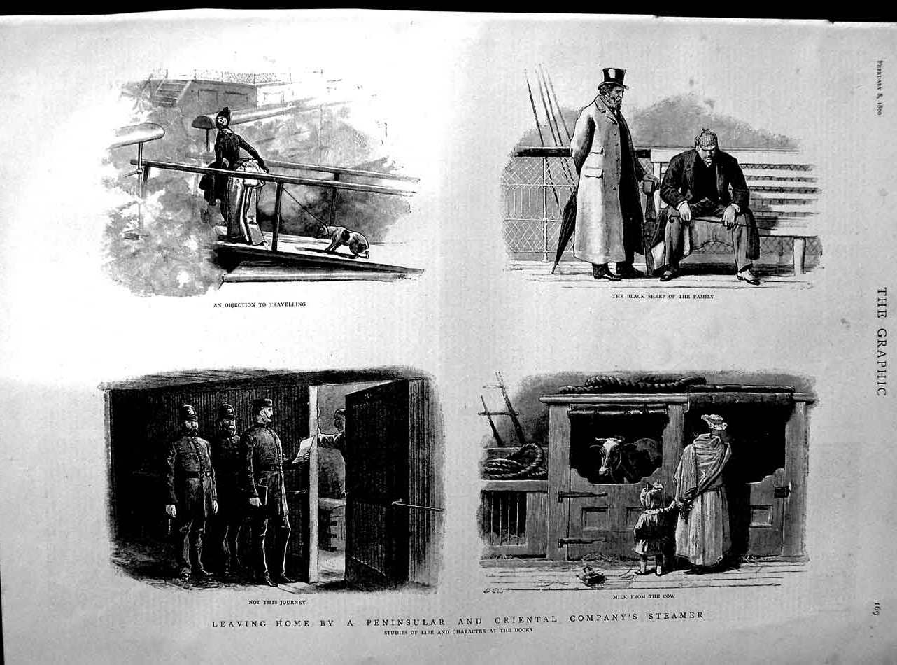 Old Antique Print 1890 Peninsular Oriental Company Steamer Cow Dog Docks 19th
