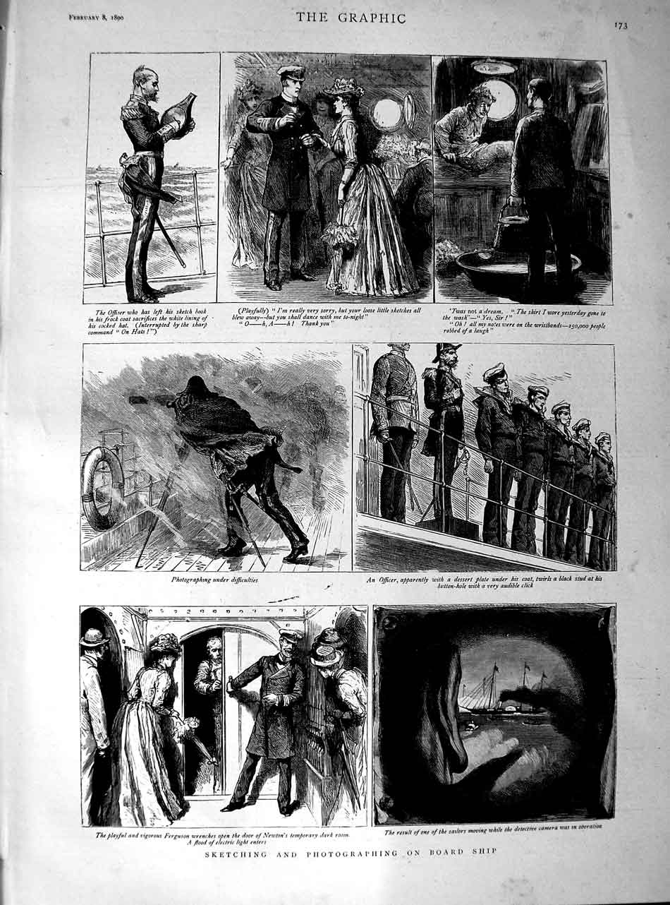 Original Old Antique Print 1890 Sketching Photography Ship War Sailors Victorian