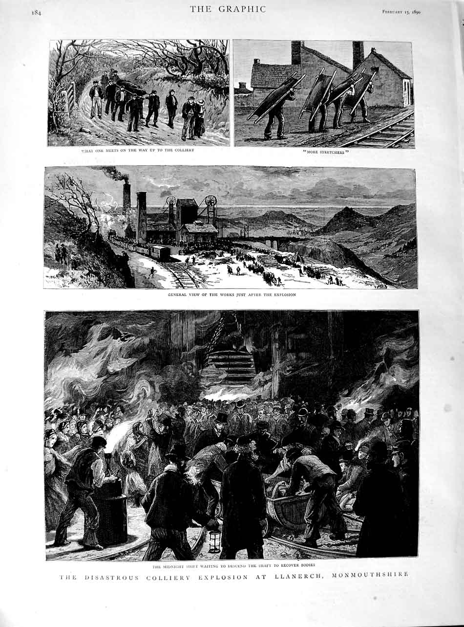 Original Old Antique Print 1890 Colliery Explosion Llanerch Monmouthshir 19th