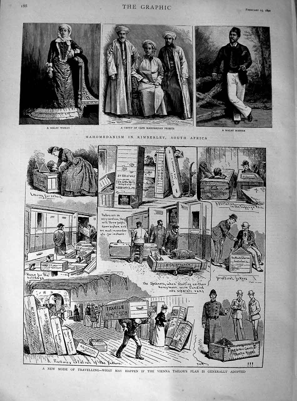 Original Old Antique Print 1890 Railway Station Vienna Mahomedanism Kimberley