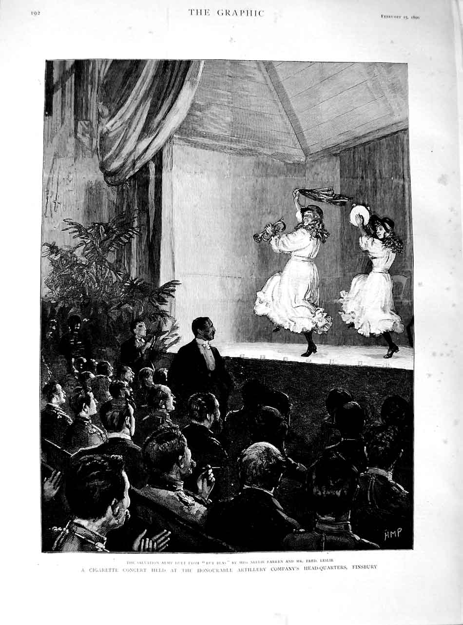 Original Old Antique Print 1890 Cigarette Concert Finsbury Nellis Farren Leslie