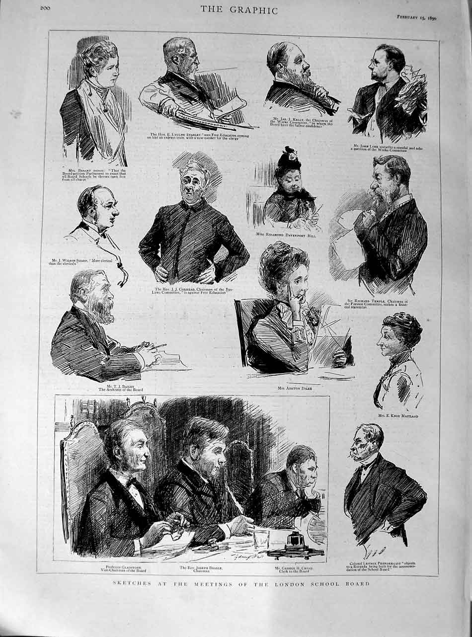 Old Antique Print 1890 London School Board Bailey Diggle Gladstone Sharp 19th
