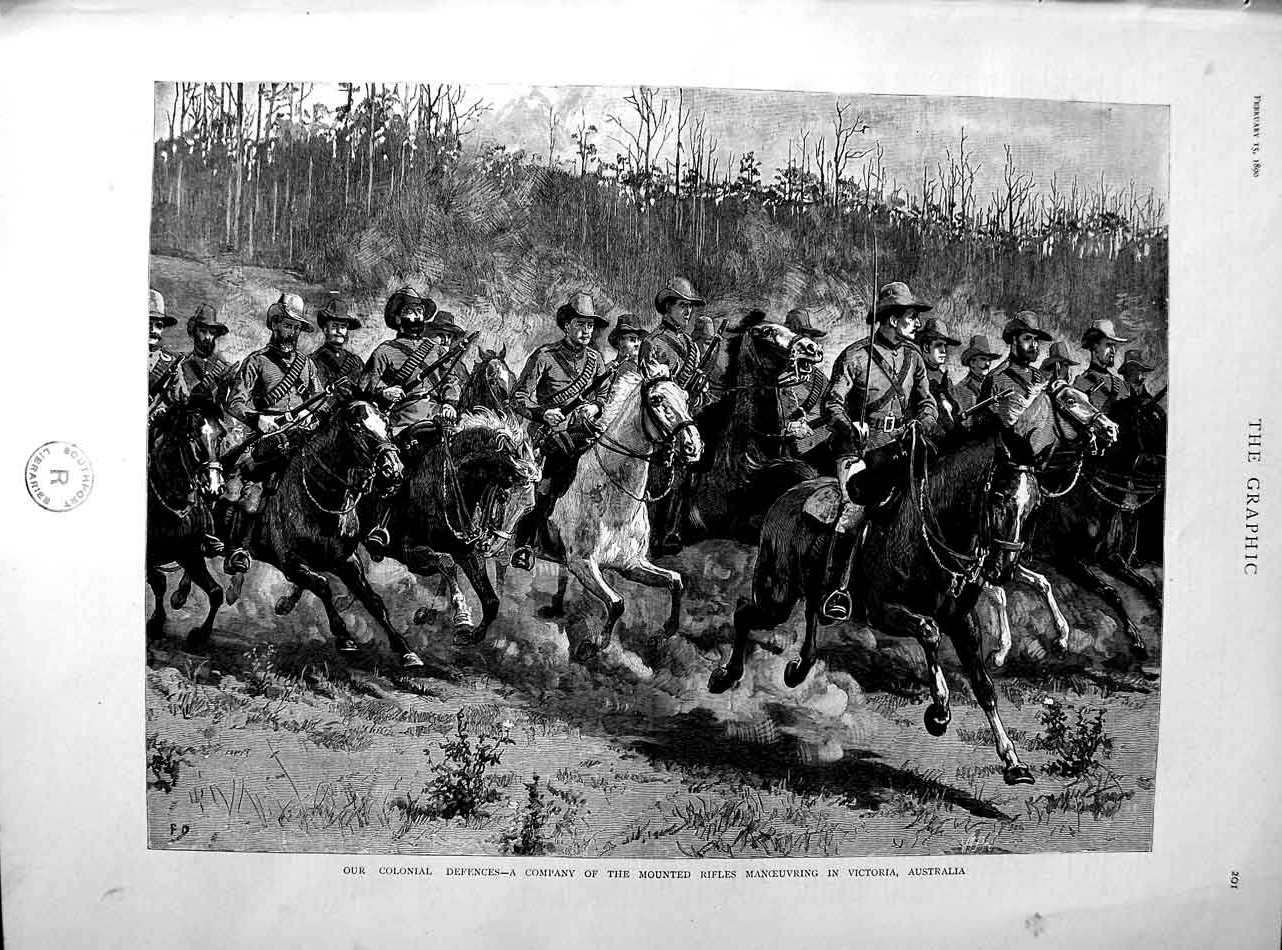 Original Old Antique Print 1890 Company Mounted Rifles Victoria Australi 19th