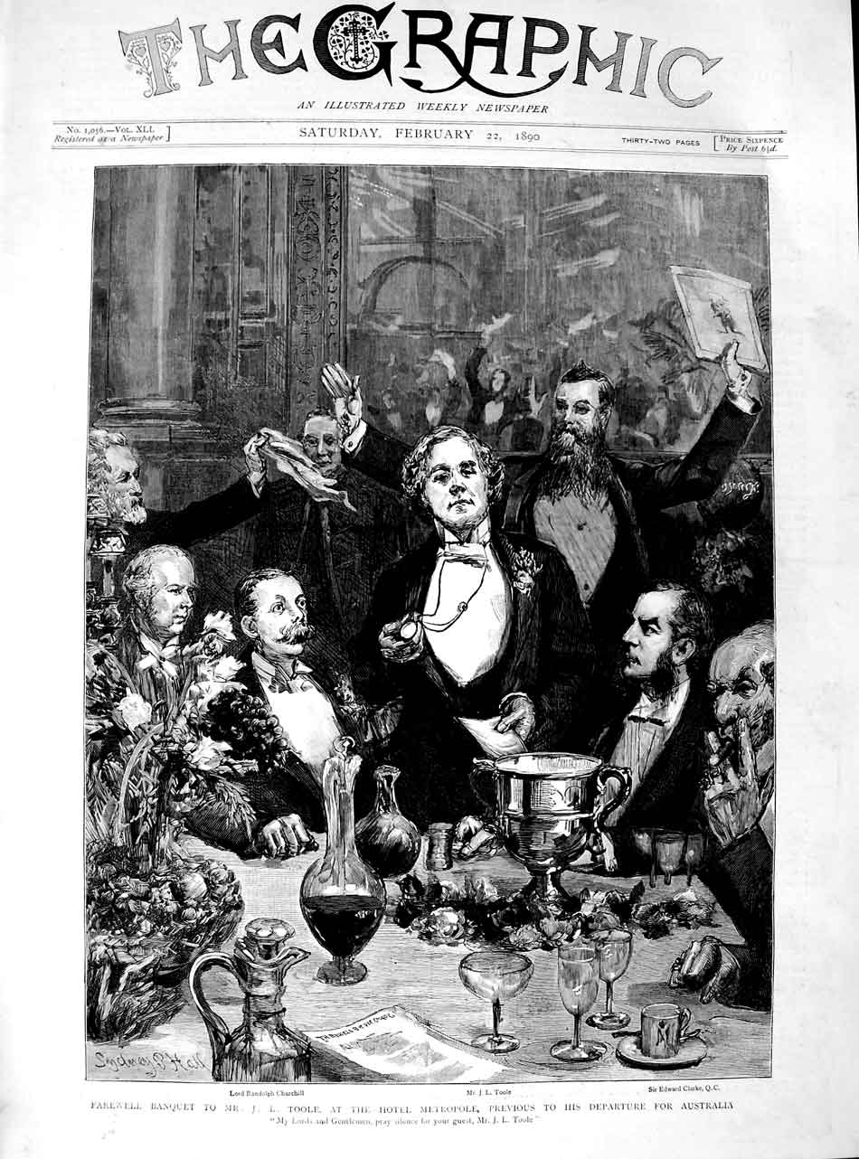 Original Old Antique Print 1890 Banquet Toole Hotel Metropole Churchill 19th