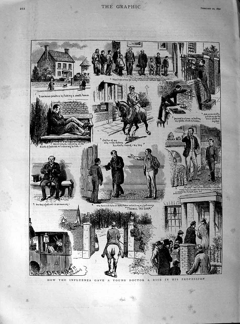 Original Old Antique Print 1890 Young Doctor Influenza House Visits Victorian