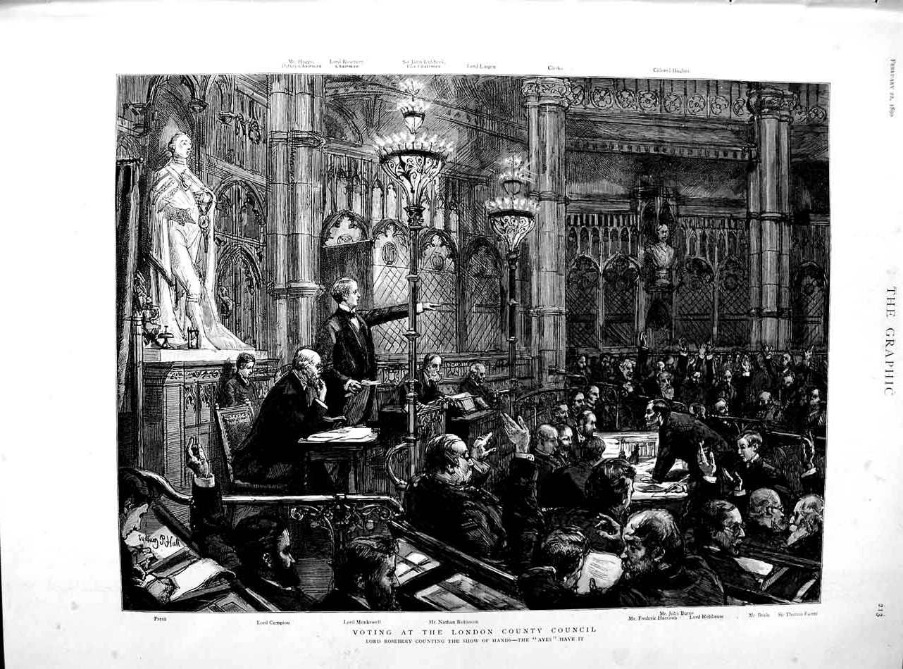 Old Antique Print 1890 London County Council Robinson Compton Burns Beale 19th