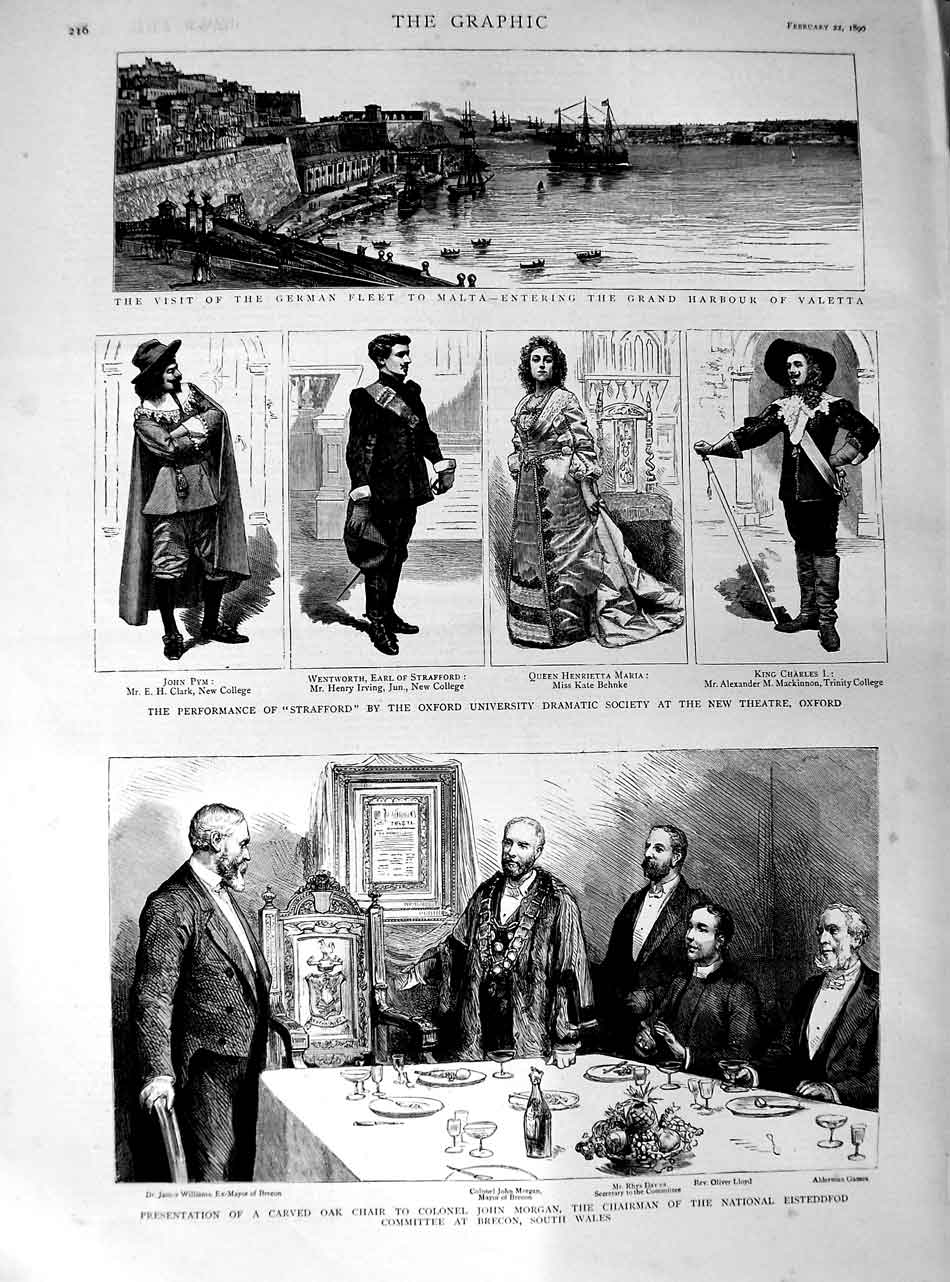 Original Old Antique Print 1890 Theatre Oxford Strafford John Morgan Eisteddfod