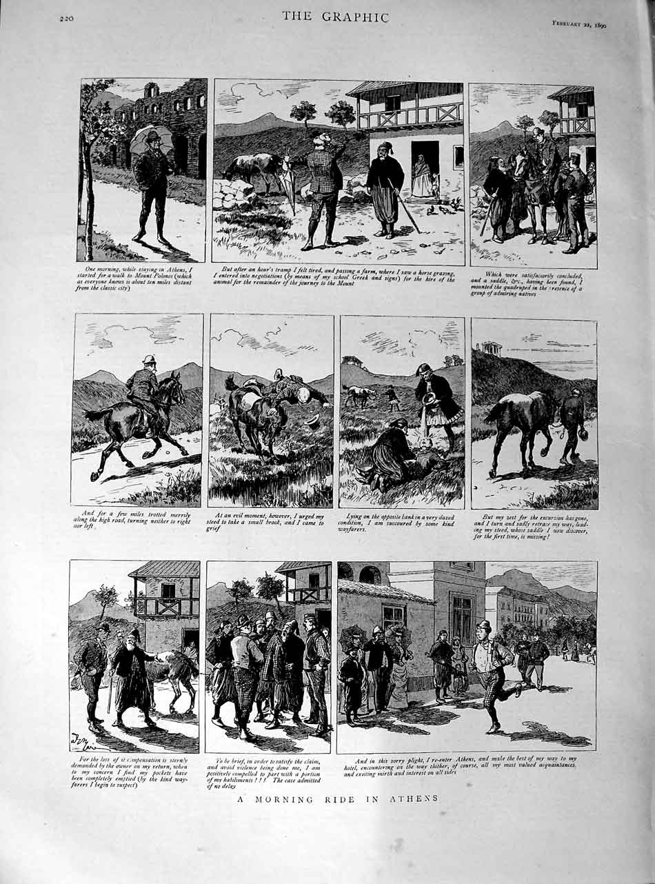 Original Old Antique Print 1890 Horses Morning Ride Accident Athens Italy 19th