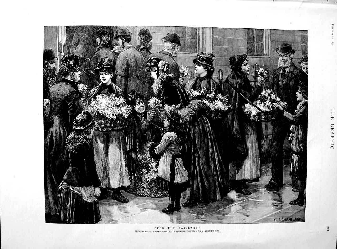 Old Antique Print 1890 Flower Girls University College Hospital Fine Art 19th