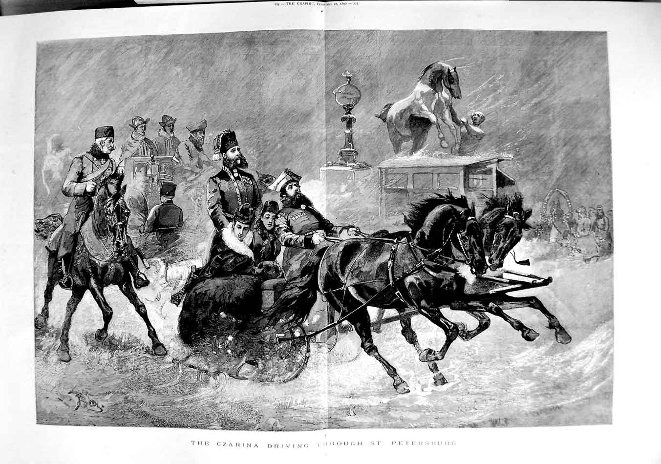 Original Old Antique Print 1890 Czarina Driving Through St. Petersburg Russia
