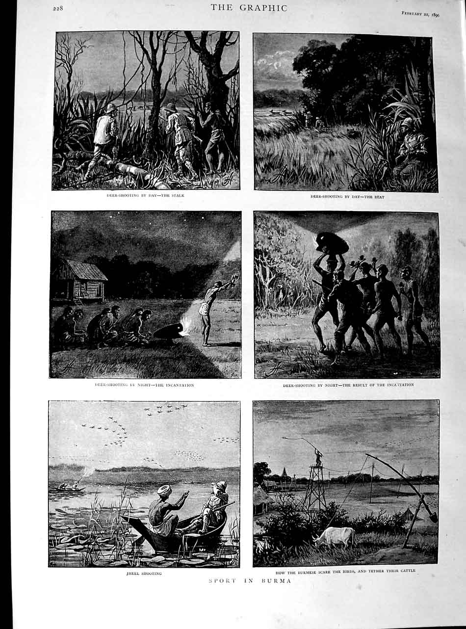 Original Old Antique Print 1890 Sport Burmah Jheel Shooting Deer Hunting Cattle