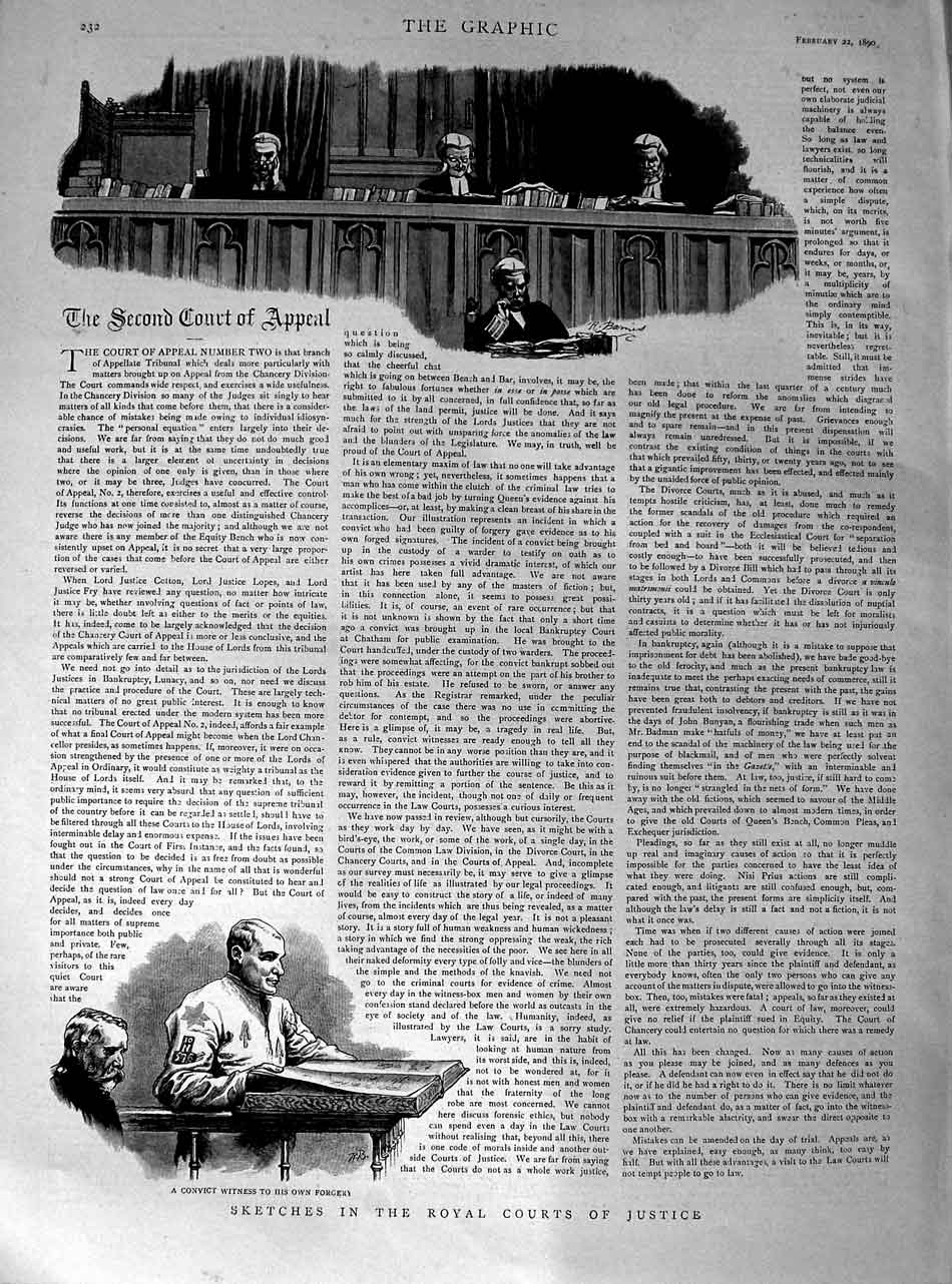 Original Old Antique Print 1890 Sketches Royal Courts Justice Convict Witness
