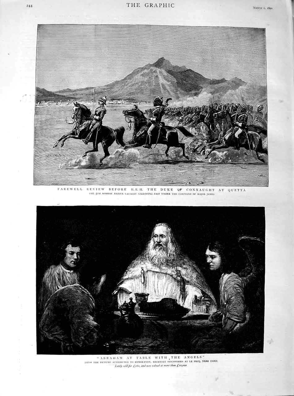 Original Old Antique Print 1890 Duke Connaught Quetta Abraham Table Angels Art