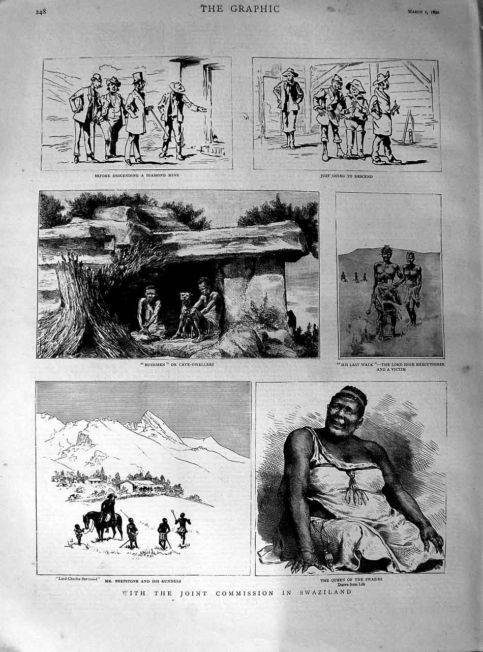 Original Old Antique Print 1890 Swaziland Queen Swazies Cave Dwellers Shepstone