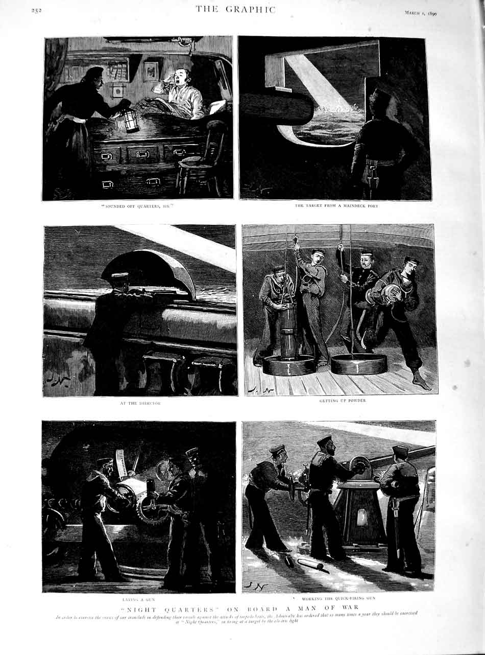Original Old Antique Print 1890 Night Scene Man War Shi Sailors Gun Powder War