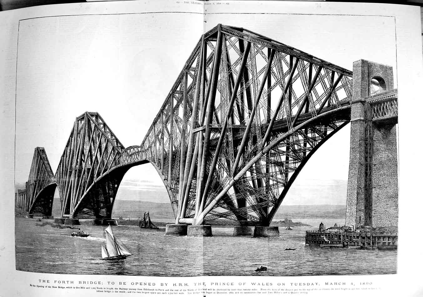 Original Old Antique Print 1890 Firth Forth Railway Bridge Engineering F 19th