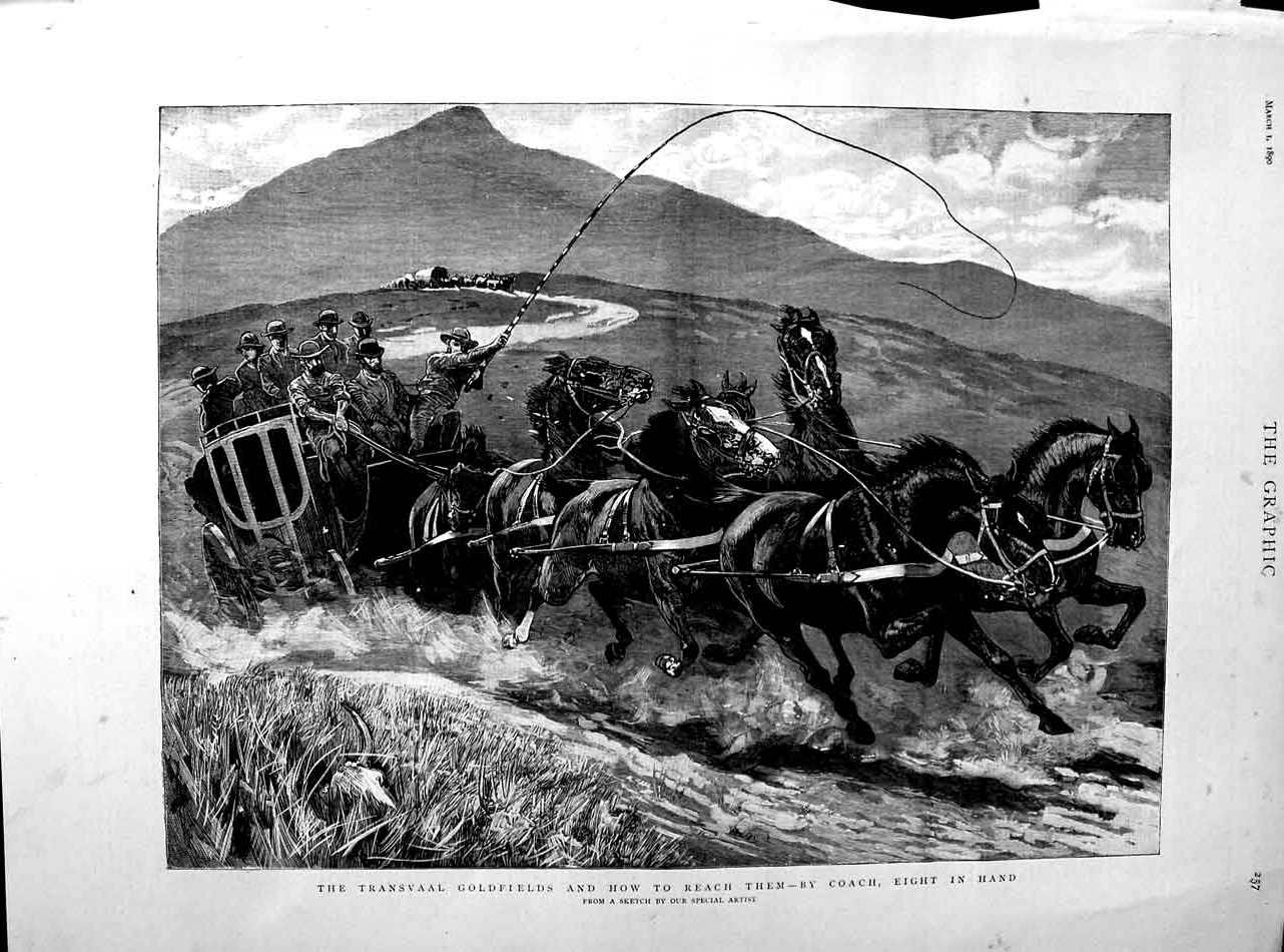 Original Old Antique Print 1890 Transvaal GFields Horses Eight In Hand Coach
