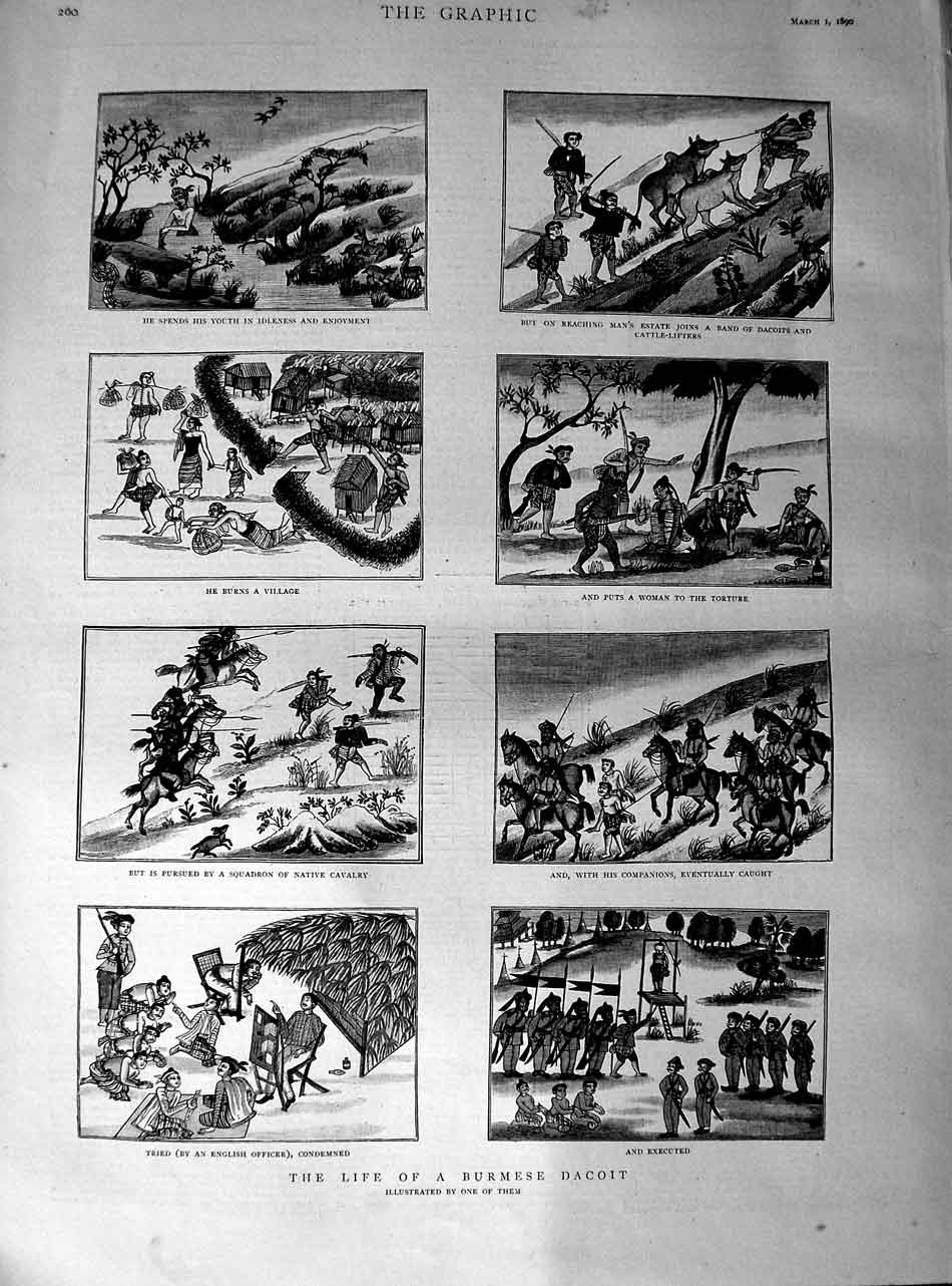 Original Old Antique Print 1890 Story Life Burmese Dacoit Cattle Execution 19th