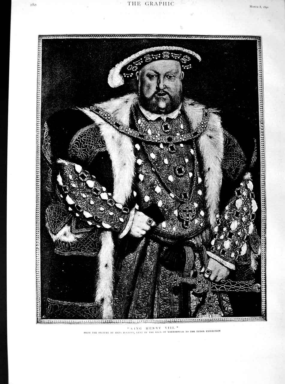 Original Old Antique Print 1890 Portrait King Henry Viii Tudor Exh Victorian