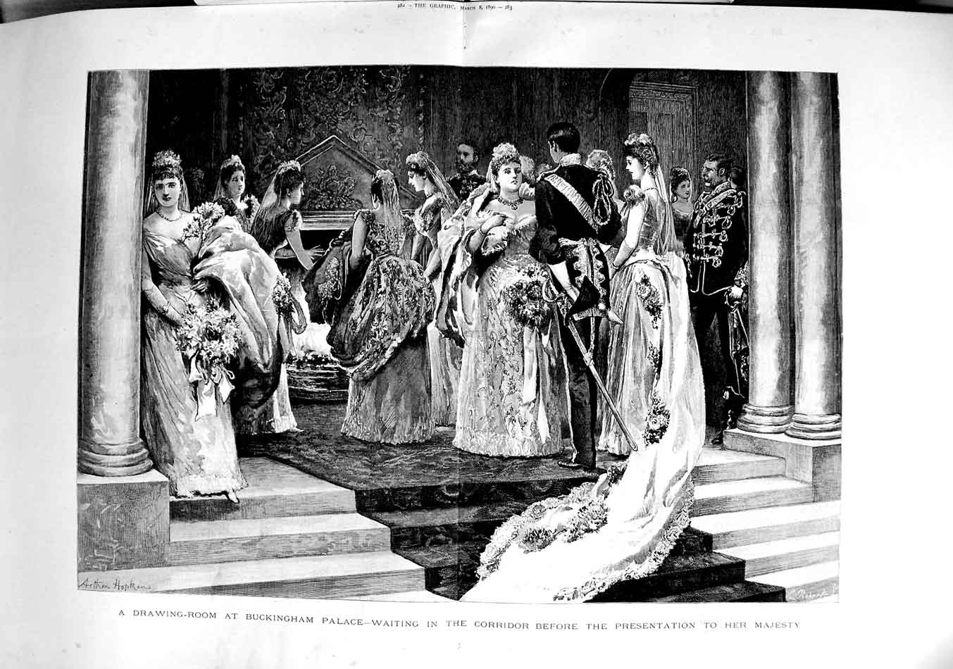 Original Old Antique Print 1890 Drawing Room Buckingham Palace Ladies Dresses