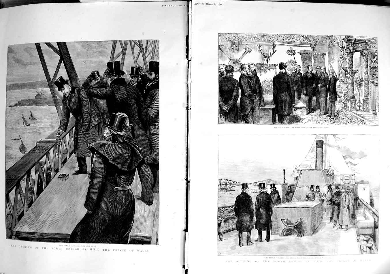 Old Antique Print 1890 Forth Railway Bridge Prince Wales Dolphin Steamer 19th