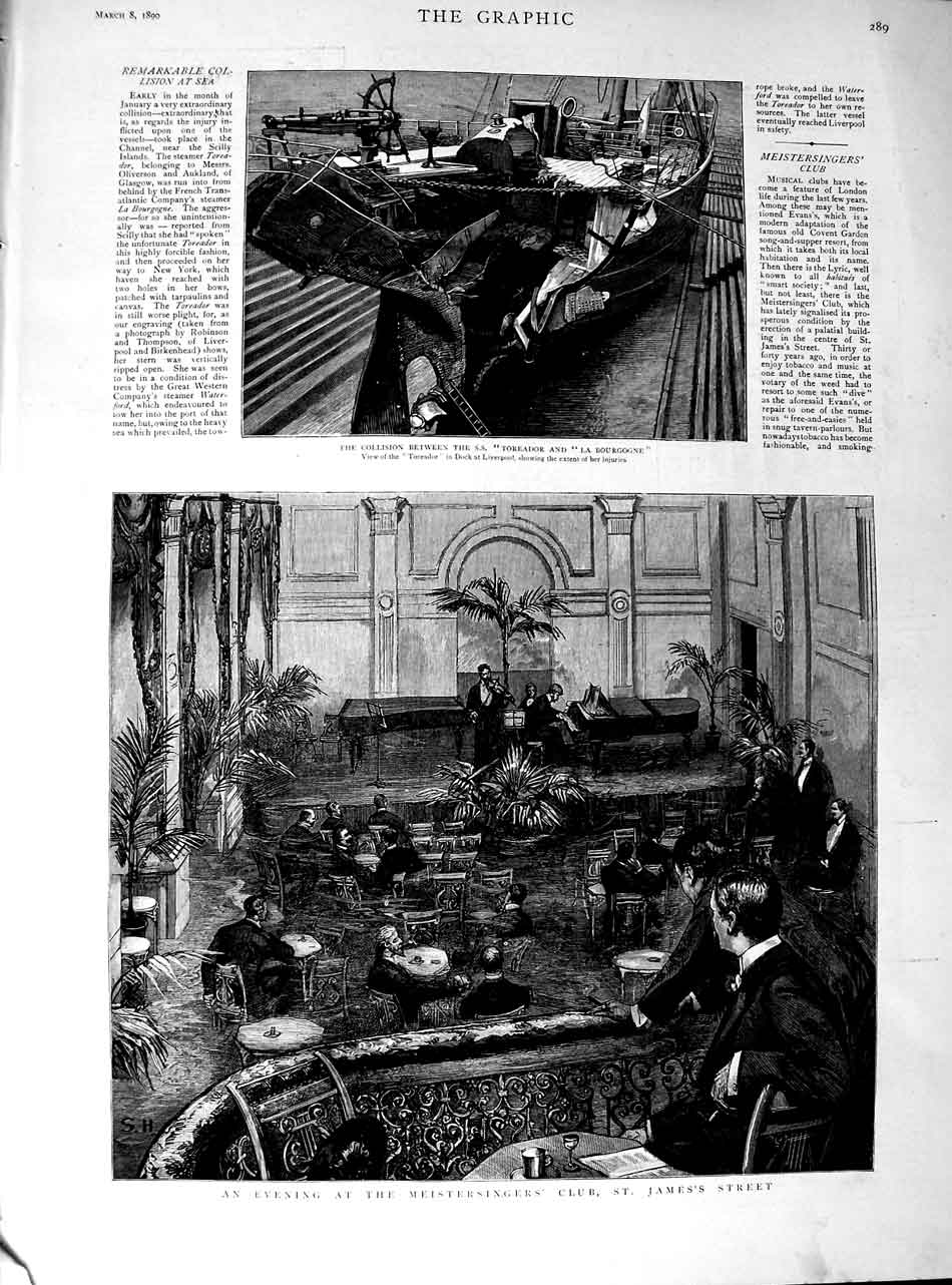 Old Antique Print 1890 Meisteringers Club Ships Crash Toreador Bourgogne 19th