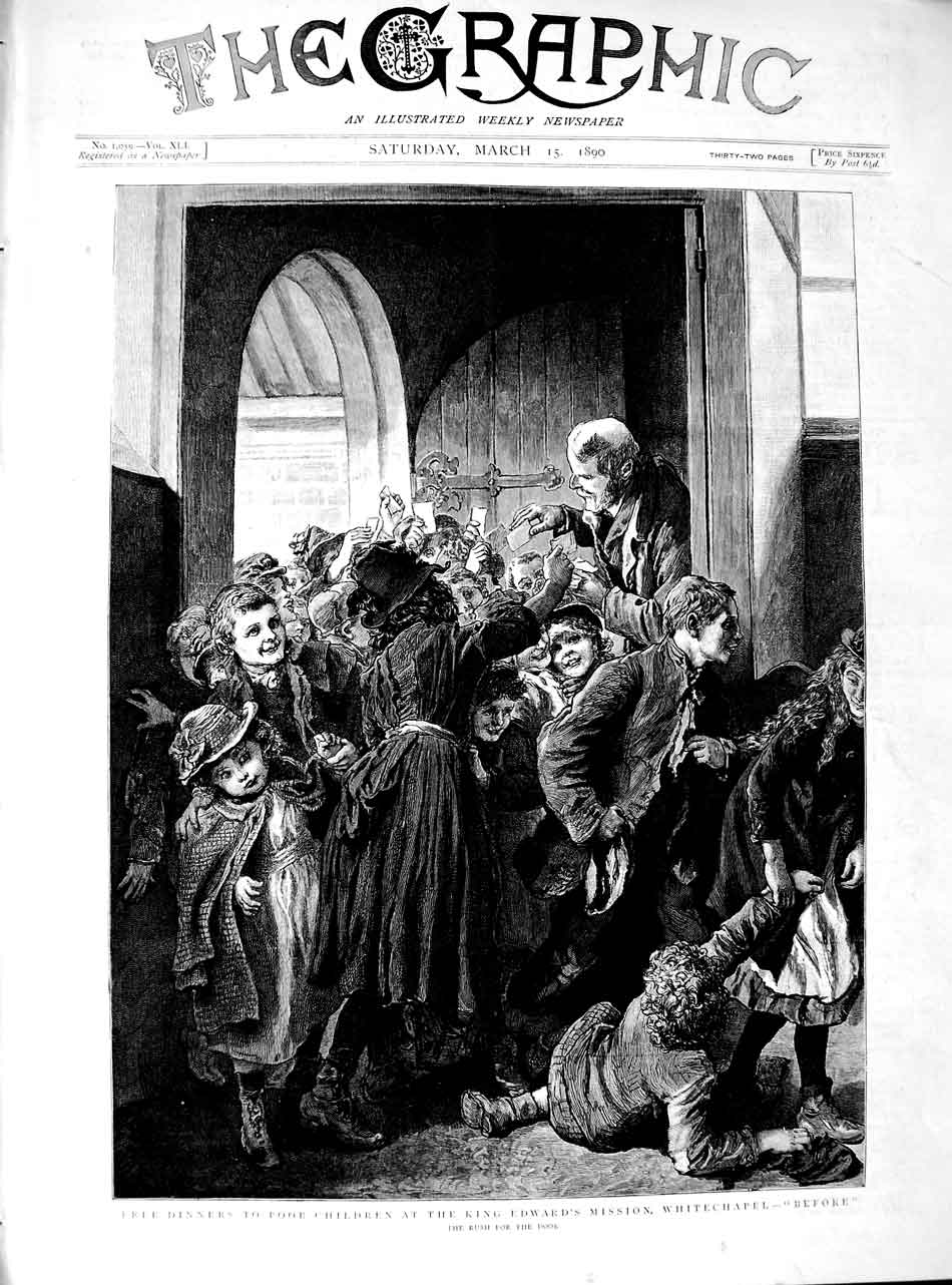 Old Antique Print 1890 Dinners Children King Edward Mission Whitechapel 19th