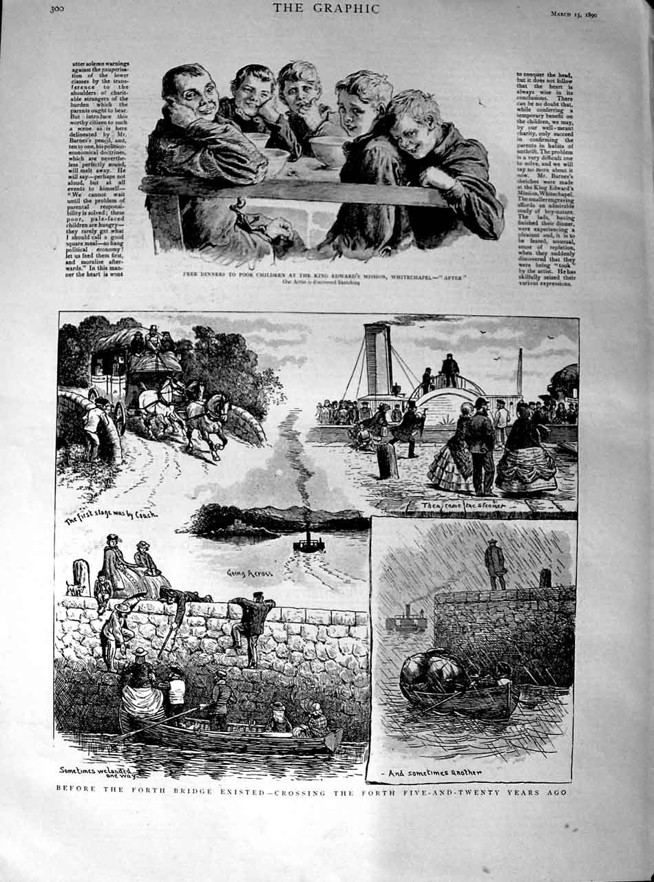 Original Old Antique Print 1890 Crossing River Forth Edward Mission Whitechapel