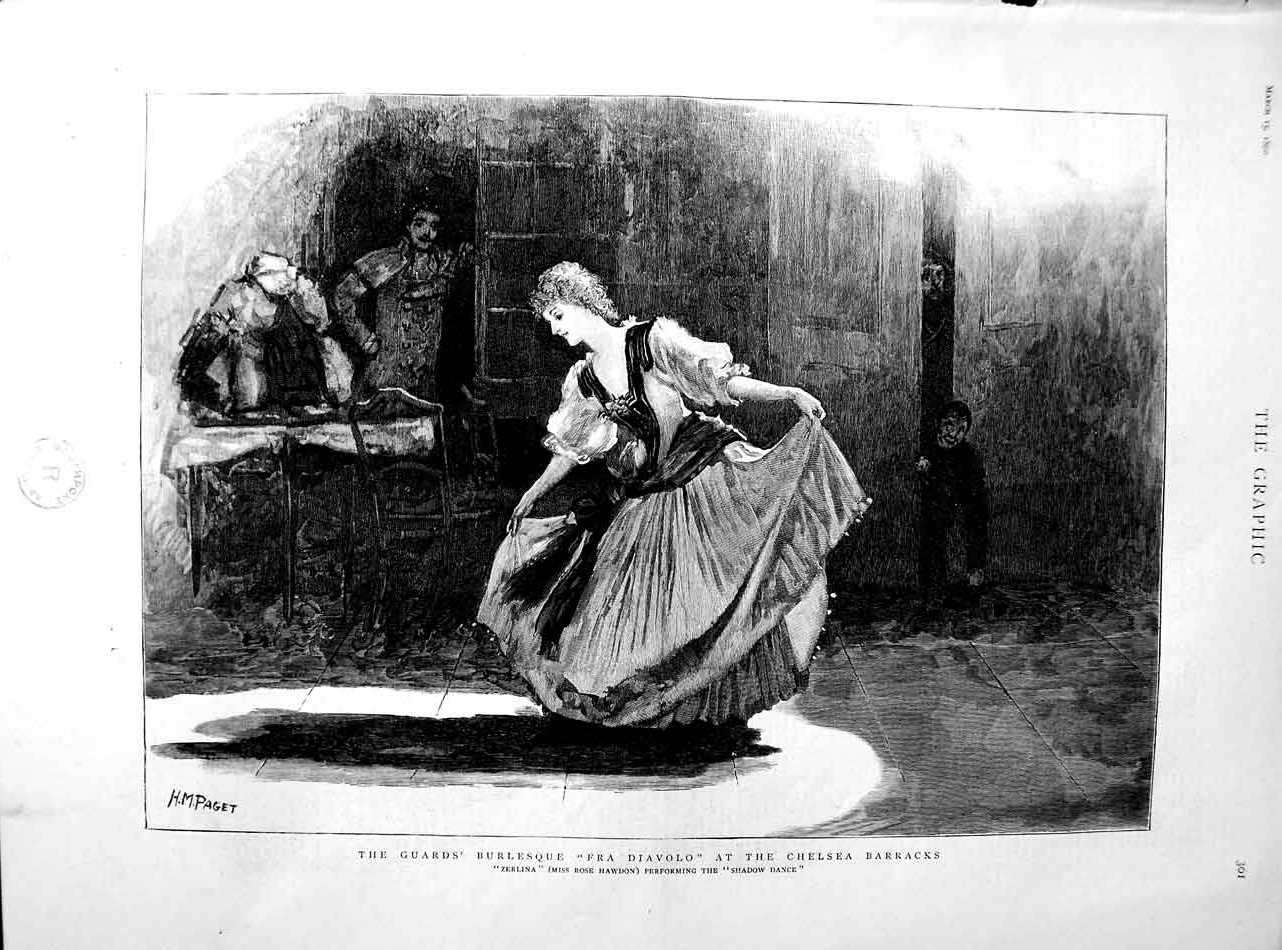 Old Antique Print 1890 Guards Burlesque Diavolo Chelsea Barracks Zerlina 19th