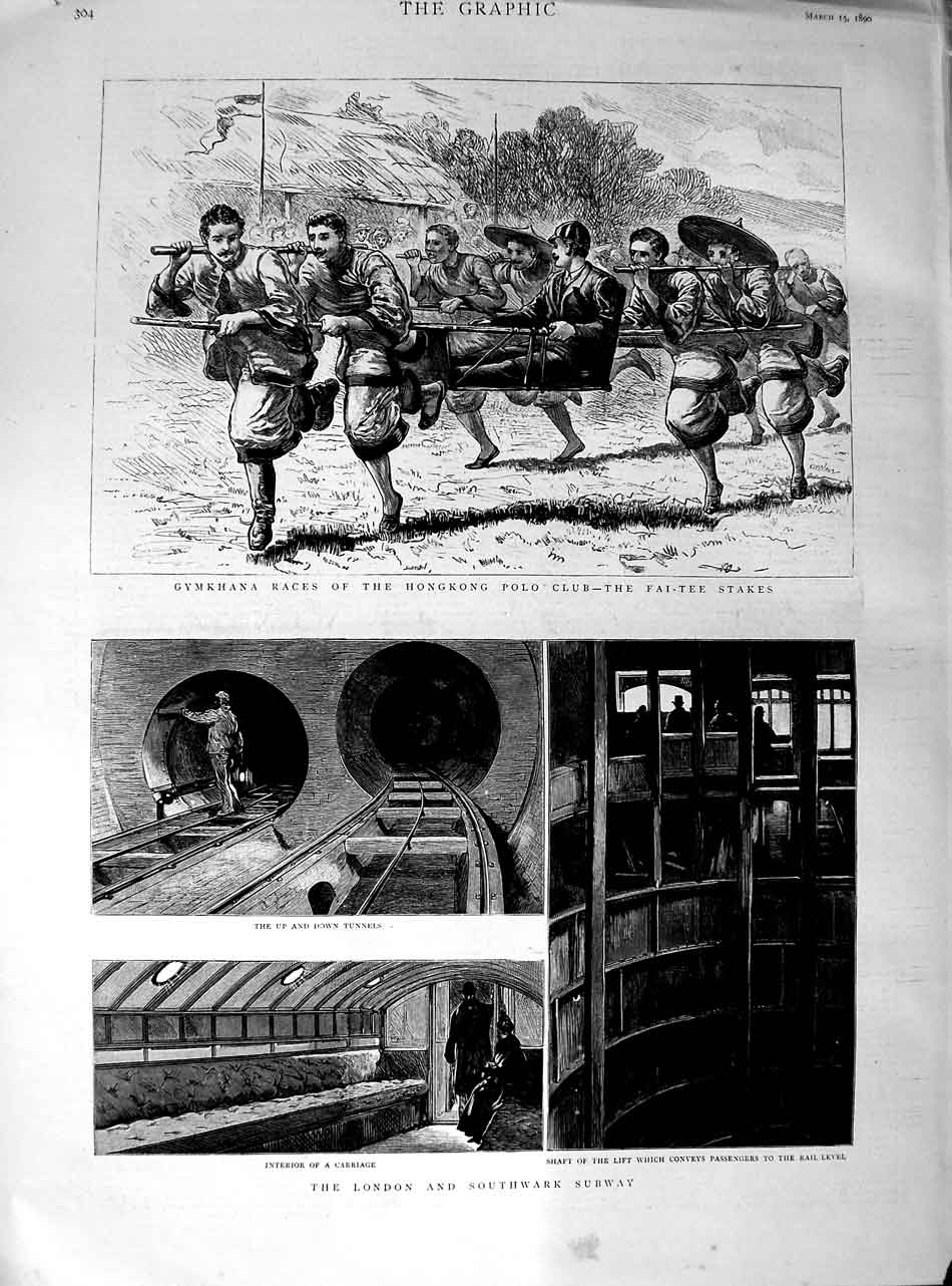 Original Old Antique Print 1890 London Southwark Subway Gymkhana Hong Ko 19th
