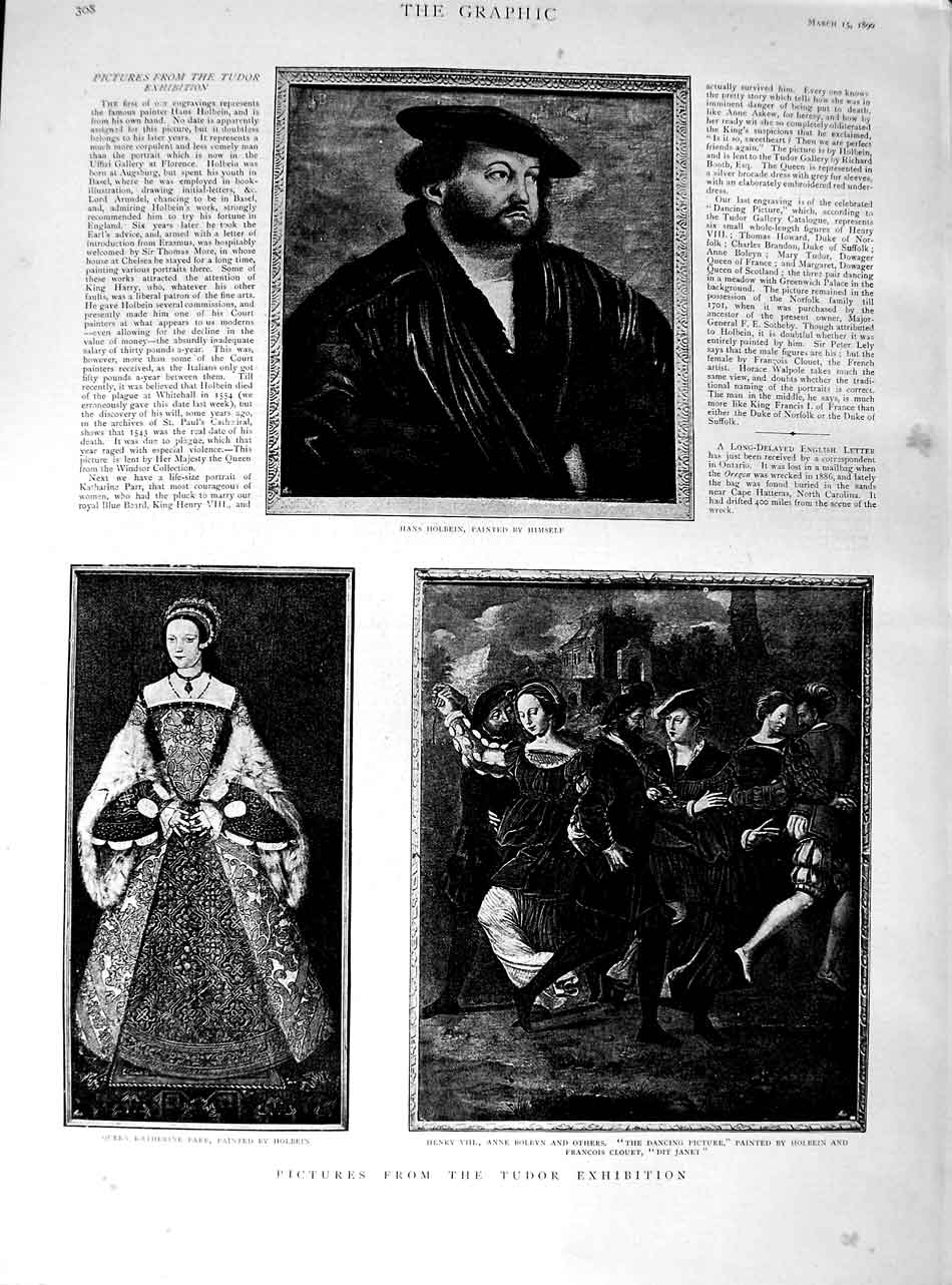 Original Old Antique Print 1890 Hans Holbein Queen Katherine Parr Henry Boleyn