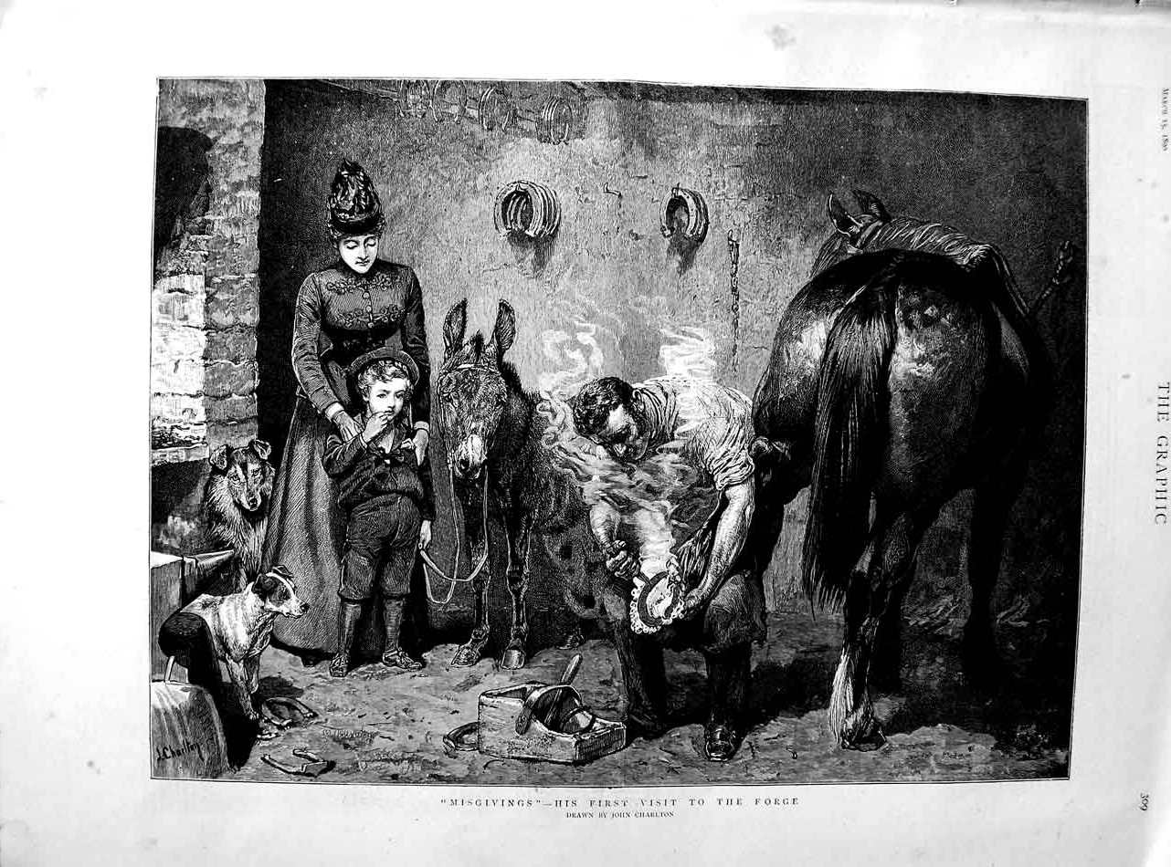 Original Old Antique Print 1890 John Charlton Art Horse Shoeing Blacksmit 19th