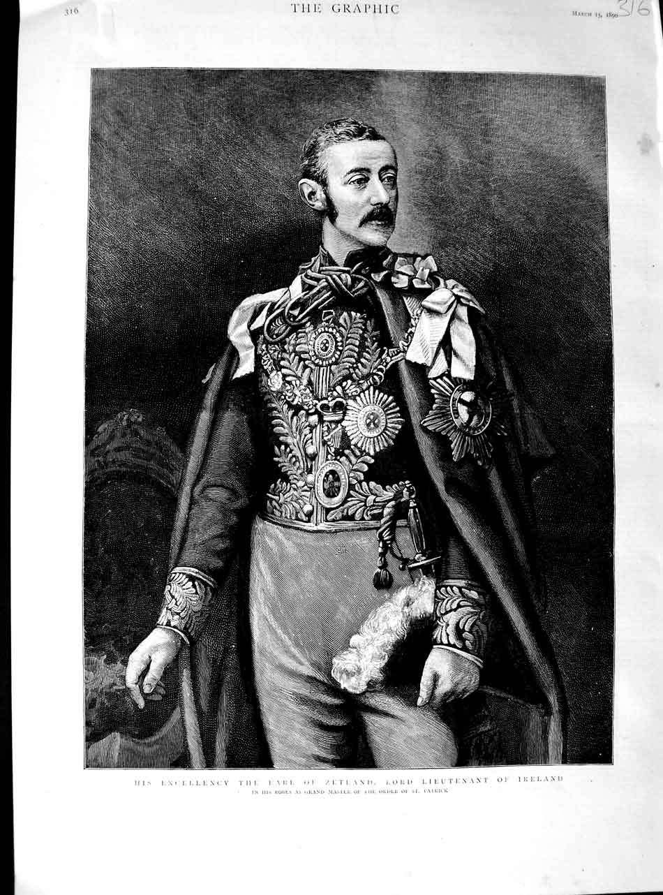 Original Old Antique Print 1890 Portrait Earl Zetland Lieutenant Ireland C 19th