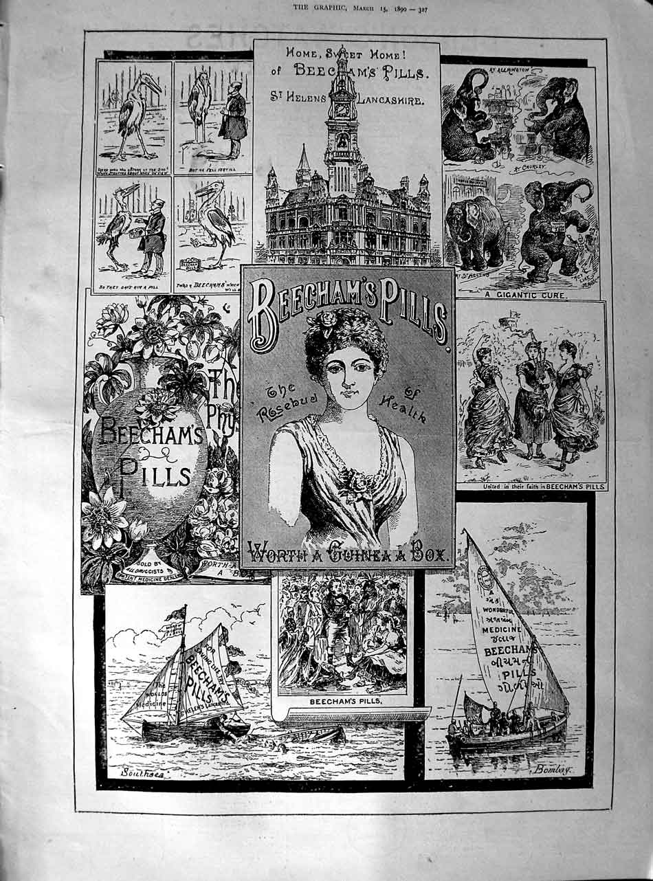 Original Old Antique Print 1890 Advertisement Beechams Pills Medicine Boat 19th