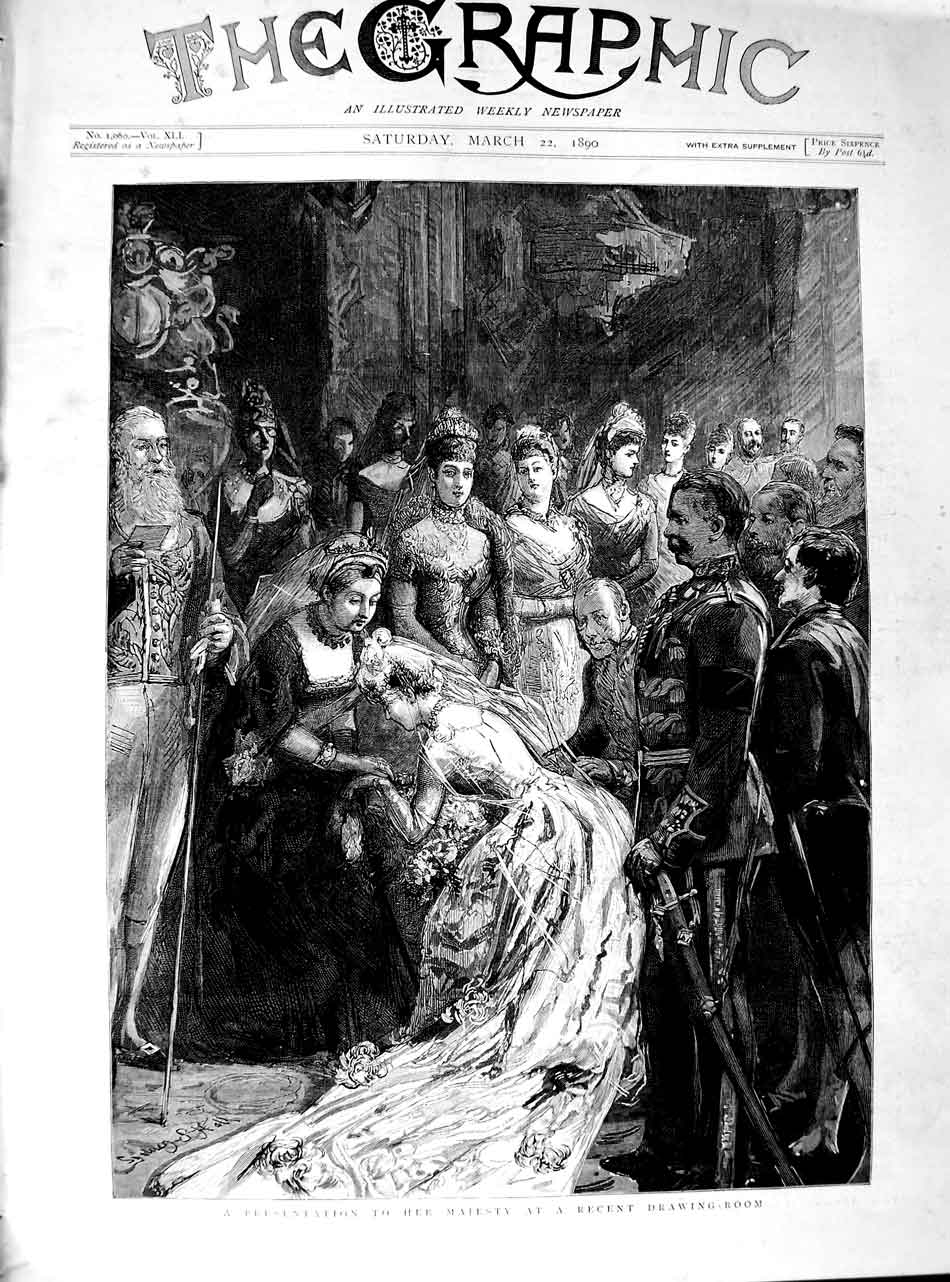 Original Old Antique Print 1890 Scene Presentation Majesty Queen Drawing Room