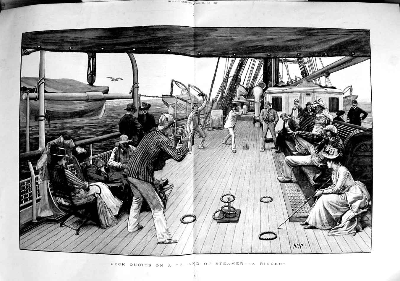 Original Old Antique Print 1890 Deck Quoits Ringer P And O Steamer Ship F 19th